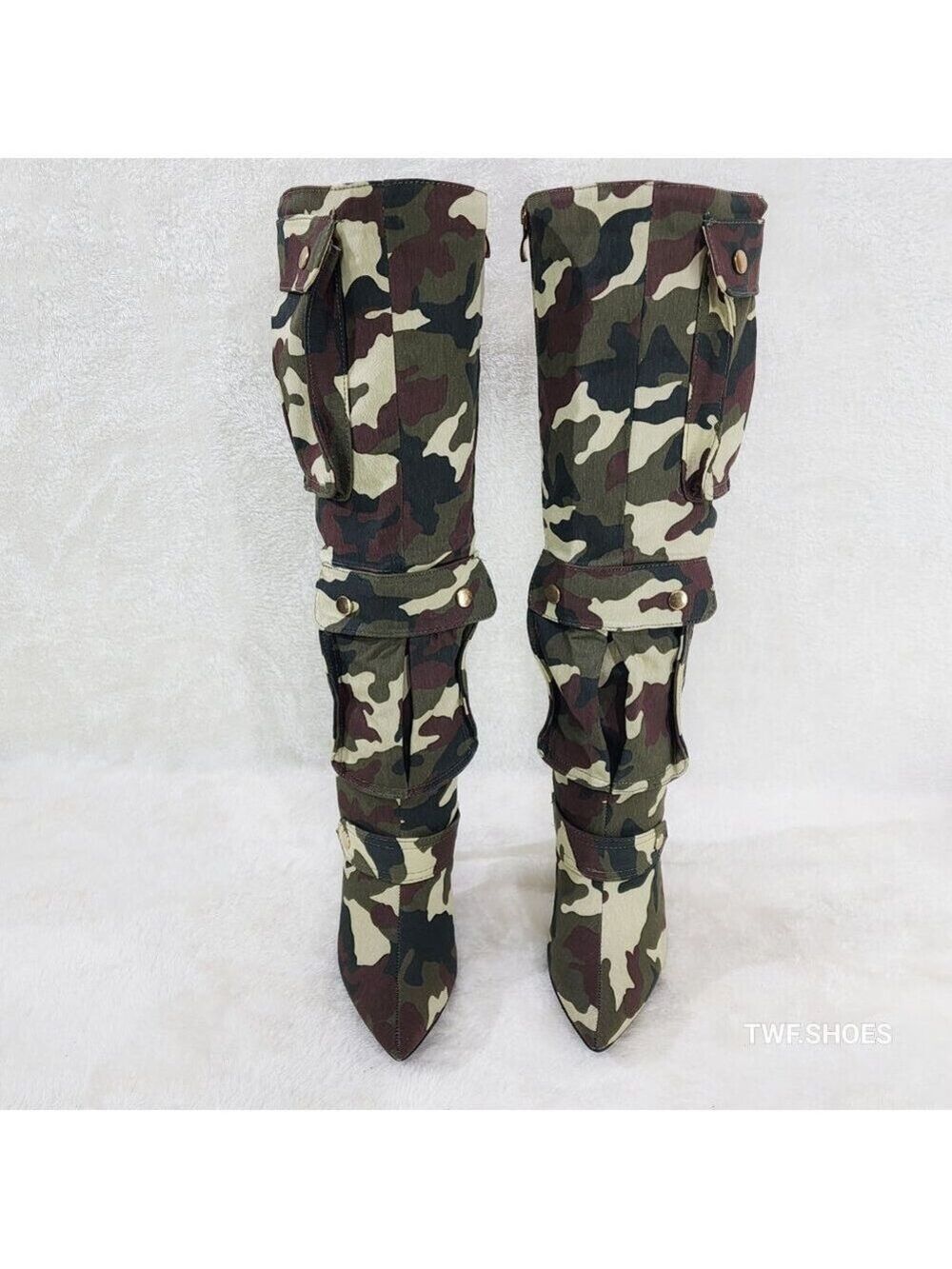 Army Girlz Canvas Camouflage Camo Cargo Knee High Stiletto Heel Boots - Picture 8 of 12